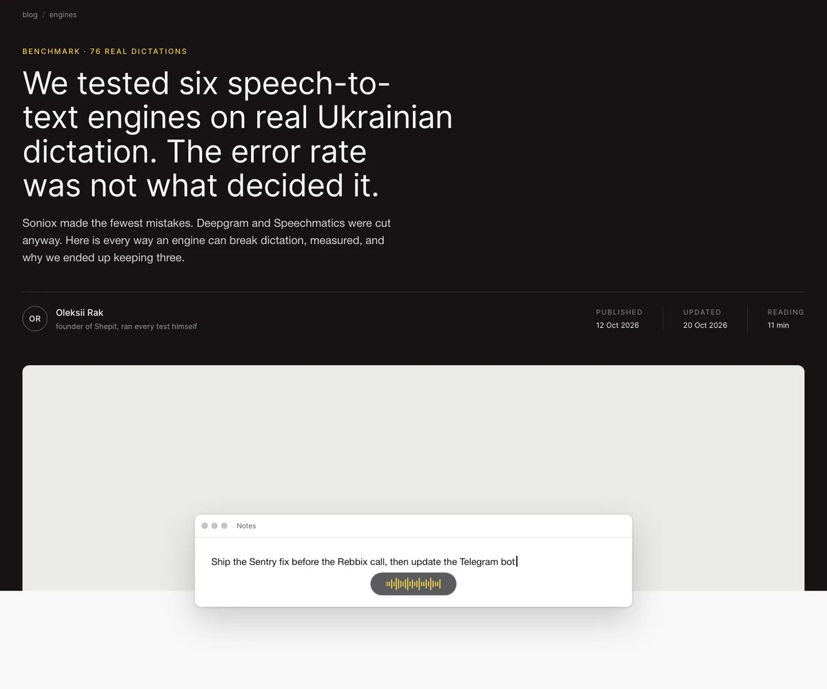 Early mockup A for the speech-engine article: a long dark header with a large title, and a screenshot card crossing from the dark ground into the light one below.