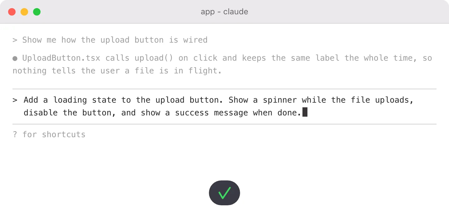 Light terminal with dictated prompt landed in Claude Code input, Shepit capsule showing green check