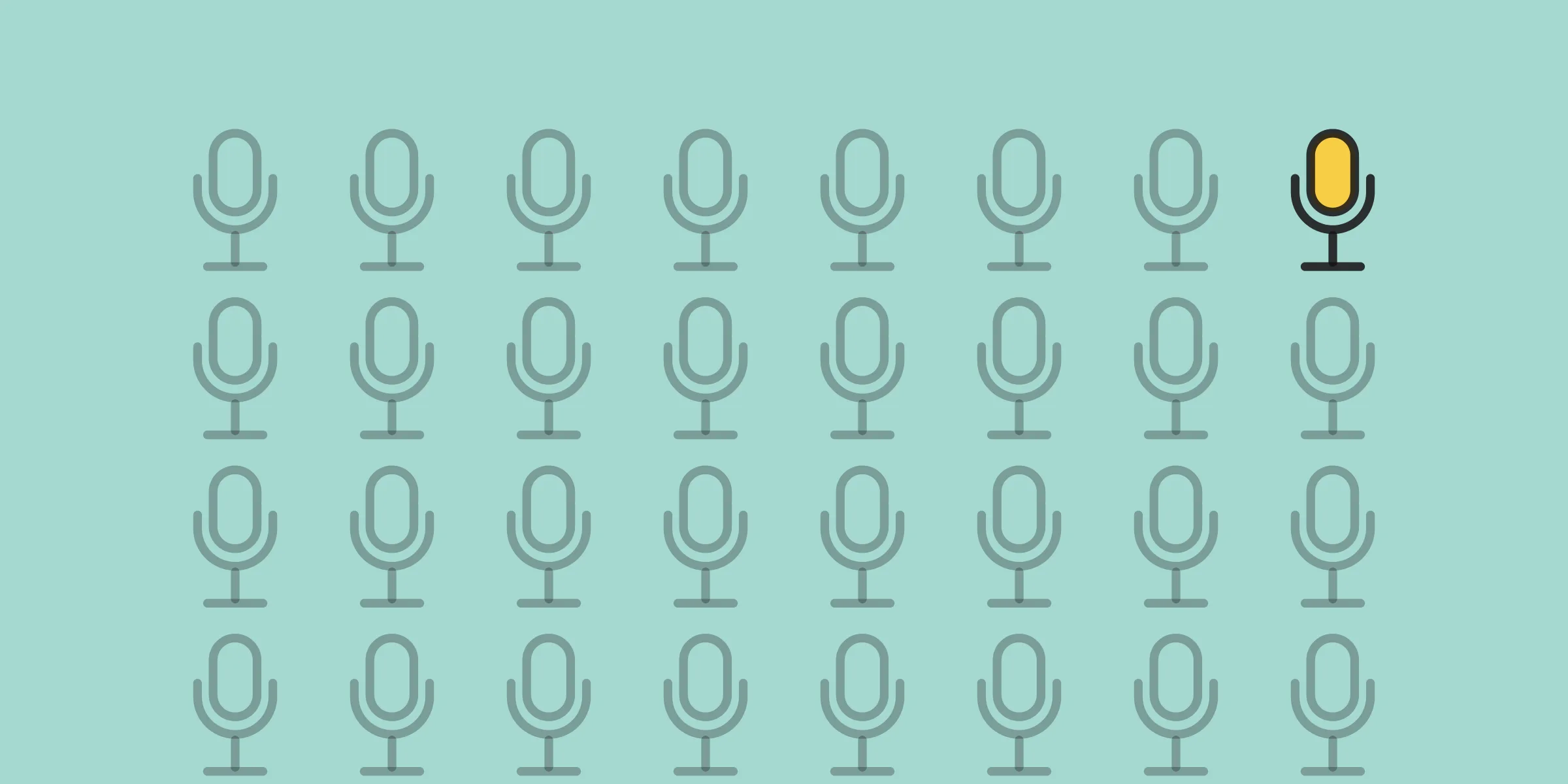 A field of small outlined microphones with one filled in gold, on soft tiffany.