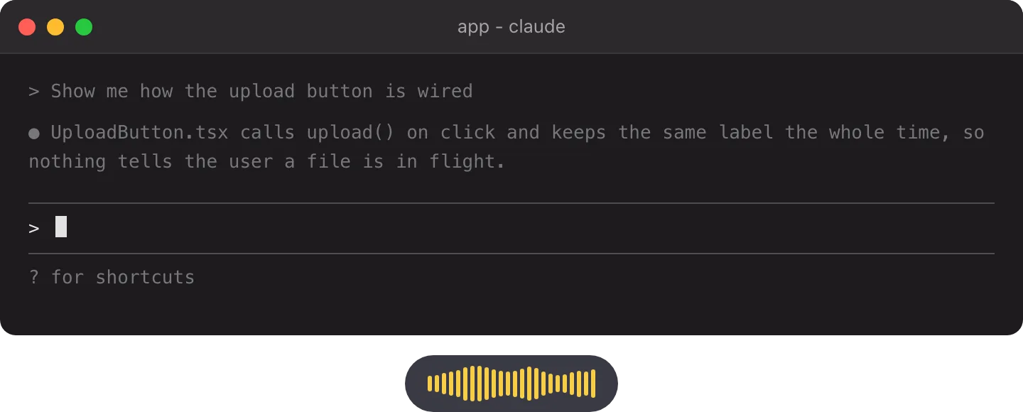 Dark terminal with Claude Code input, Shepit dictation capsule listening with gold waveform