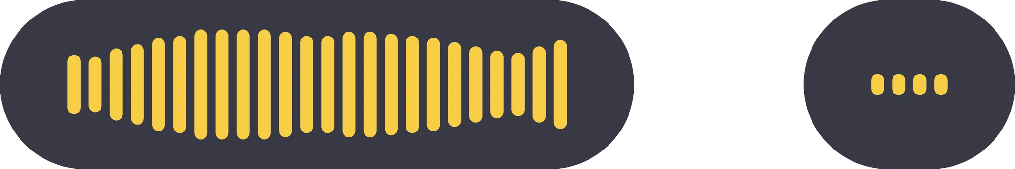 Two Shepit dictation pills at their real proportions: on the left, expanded with waveform bars while speaking; on the right, narrowed to four short bars during a pause.
